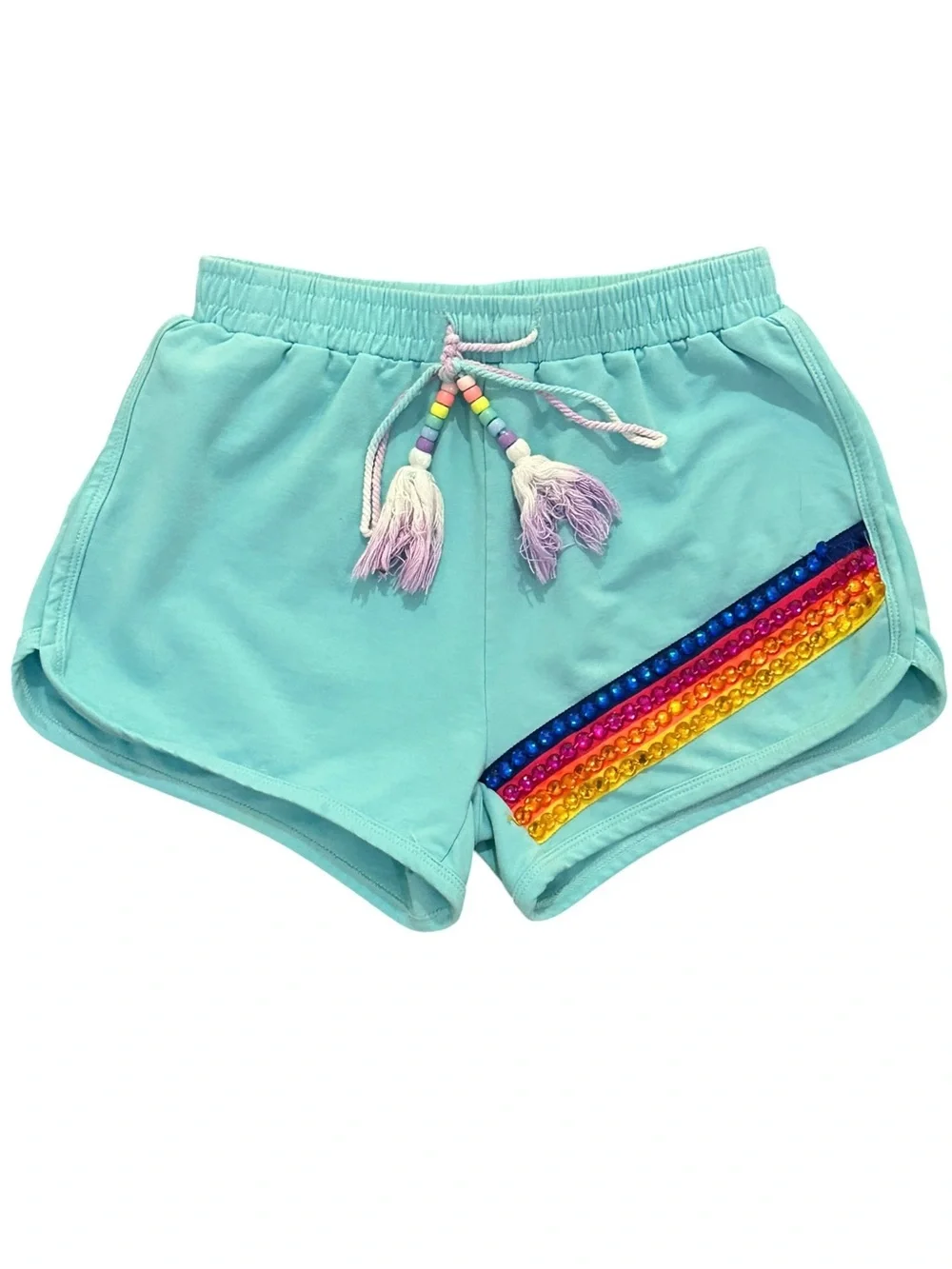 NWT - Lola + The Boys Aqua Blue Beaded Rainbow Dreams Dolphin Shorts - Size 12